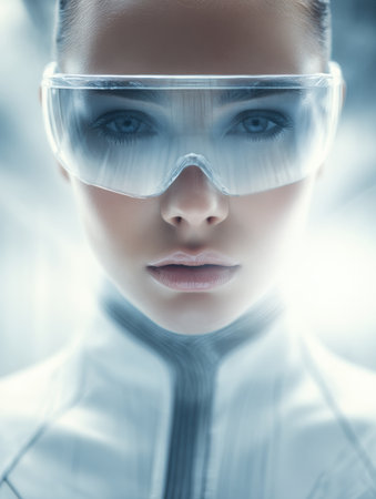In a sleek, modern environment, a robot fashion model presents a striking look with transparent glasses, embodying futuristic aesthetics.の素材