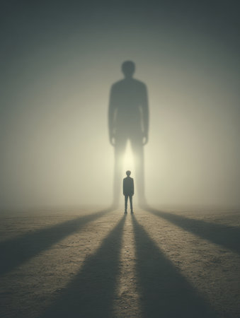 A lone figure stands in a misty environment confronting a large shadow, representing an internal battle and deep fears.の素材