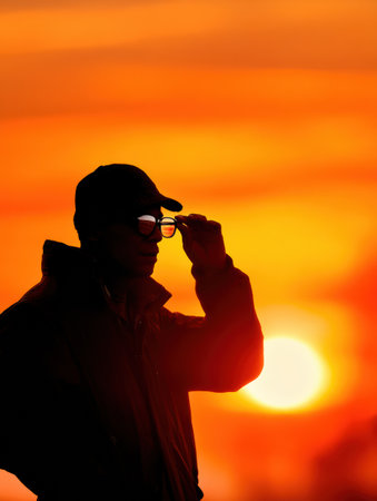 A man stands against a vibrant sunset, holding sunglasses, creating a calm and reflective silhouette during dusk.の素材