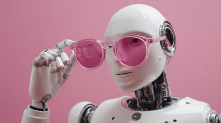 A robot with a sleek design presents holographic glasses, emphasizing advanced technology in a bright and modern setting.の素材
