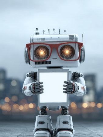 In a modern study environment, a robot student wearing glasses reads from a digital tablet while surrounded by advanced technology.の素材