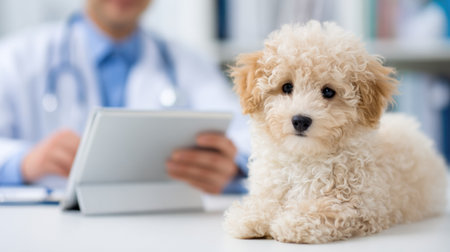 A fluffy dog relaxes on the table as a veterinarian examines health records on a tablet in a tidy clinic environment.の素材
