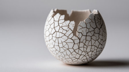 A cracked egg sits on a neutral background, with light emerging from its broken shell, representing delicate ideas and potential failure.の素材