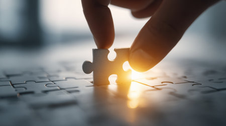 A man focuses as he places the last piece of a puzzle, representing completion and success under warm, bright light.の素材