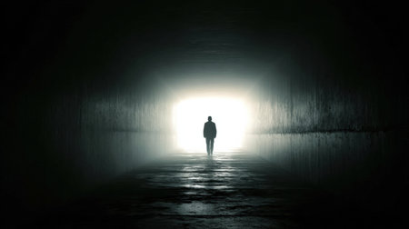 A man stands alone in a dark tunnel with light shining behind him, representing the fear of stepping into the unknown future.の素材