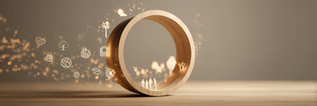 A wooden grand ring is highlighted with soft glowing pathways and minimal icons representing health, mobility, and sustainability in a light space.の素材