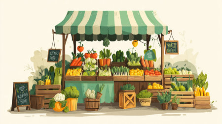 This lively eco market stand showcases fresh veggies under a striped canopy, inviting customers to buy local produce.の素材