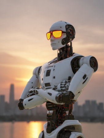 A robot tourist stands confidently in an urban environment during sunset, wearing glowing sunglasses that shine brightly against the skyline.の素材