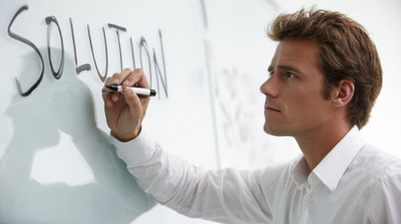 Businessman focuses on writing solution on a clear board while brainstorming ideas for innovation in a bright office setting.の素材