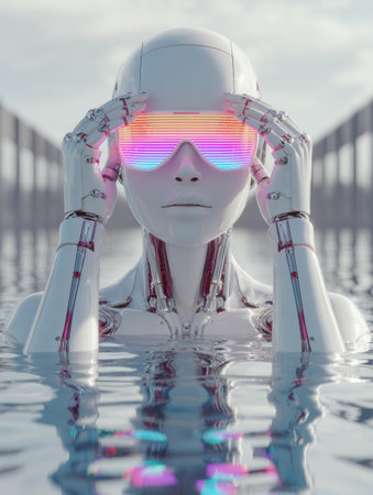 In a futuristic pool, a robot swimmer puts on tinted goggles, preparing for a moment of performance in a promotional area.の素材