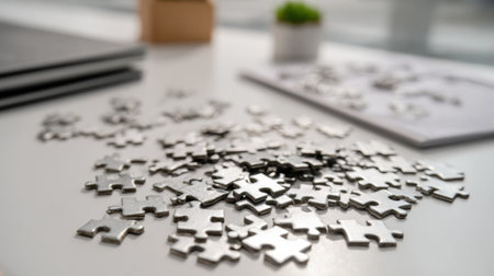 Broken puzzle pieces are scattered on a desk, representing the struggle to solve business problems and find clear solutions.の素材