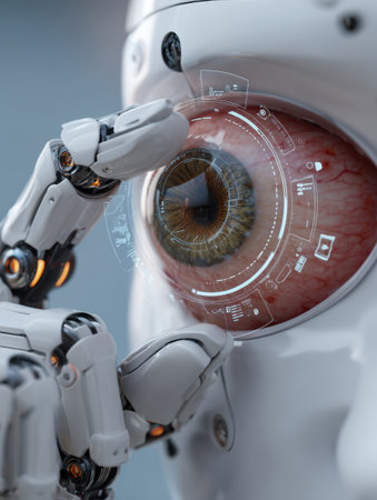 A robot inspects a human eye using a sophisticated lens and digital interface, showing advanced technology in a clinical environment.の素材