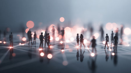 Abstract glowing network background creates a futuristic feel for individuals engaging in an online meeting, promoting digital collaboration.の素材