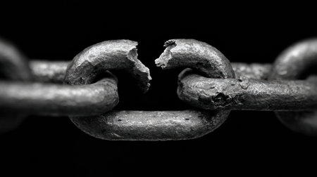 A close view of a broken chain link emphasizes themes of failure and the potential for disconnect within a strong structure.の素材