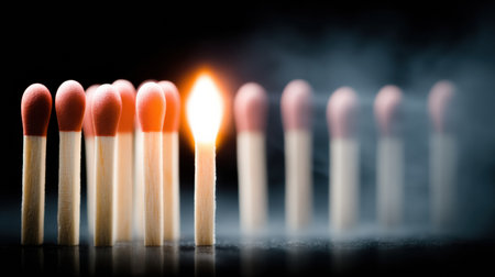 A single match ignites brightly in a dark space, symbolizing how one idea can illuminate and resolve significant challenges.の素材