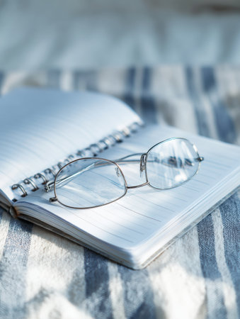 Clear eyeglasses rest on an open notebook, creating a warm study scene in soft natural light that invites focus and concentration.の素材
