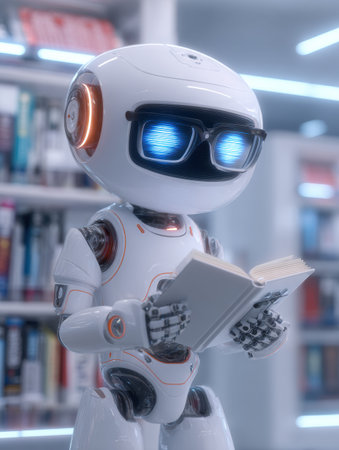 Robot student attentively reads a digital tablet while wearing glasses, set in a modern study scene with shelves filled with booksの素材
