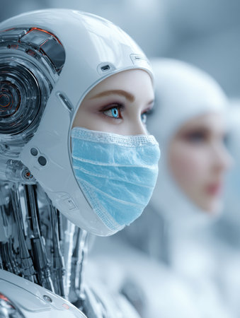 Sophisticated robot surgeon equipped with smart lenses is engaged in a complex medical procedure in a high-tech hospital setting.の素材