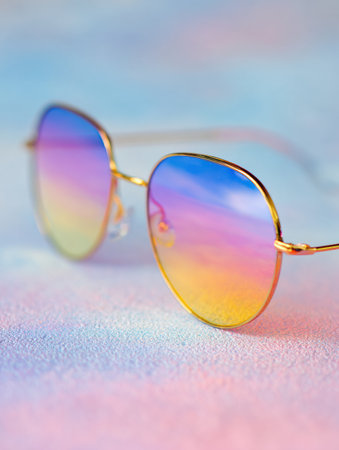 Bright and colorful sunglasses with gradient lenses sit on a soft pastel background, embodying a fun summer sale atmosphere.の素材