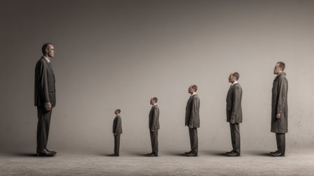 A businessman appears to shrink in size next to his taller colleagues, representing feelings of low self-worth and insecurity in the workplace.の素材