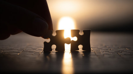 A man completes a puzzle by placing the last piece, with a warm glow of light shining in the background, symbolizing achievement and resolution.の素材