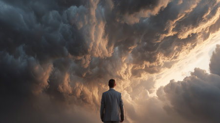 Confident businessman gazes at the clear sky, embracing the fresh start and hope following the stormy weather.の素材