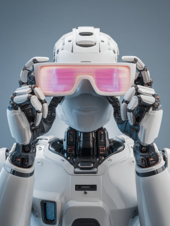 AI assistant robot holds futuristic holographic glasses, representing innovation in technology and digital advancements in modern life.の素材