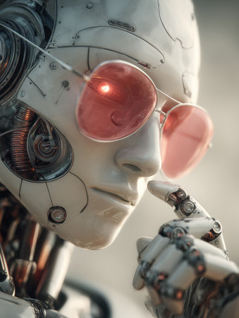 A robot gazes at glowing sunglasses symbolizing a future vision, creating a cinematic atmosphere with a wide space for text.の素材