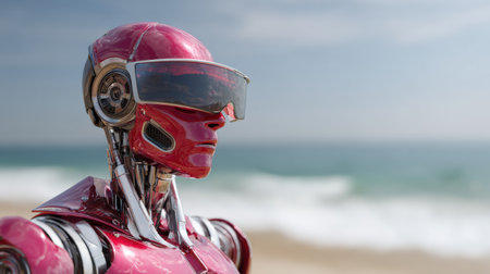 Robot lifeguard with visor glasses stands by the beach, ready to ensure safety along the shoreline as waves crash in the background.の素材