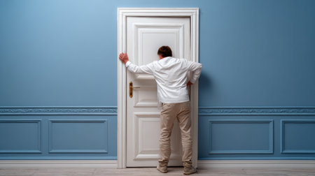 A man leans forward, pushing against a transparent barrier that represents psychological challenges in a calming blue room.の素材