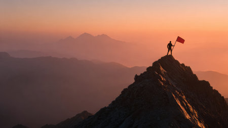 A man stands on a mountain peak at sunset, proudly holding a flag as a symbol of his achievement and determination in overcoming obstacles.の素材