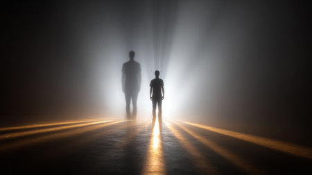 A person stands alone, illuminated by intense light while their large shadow looms behind, symbolizing inner fears and self-doubt.の素材