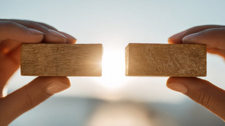 Two hands connect wooden pieces like a bridge in bright daylight, symbolizing teamwork and collective problem solving.の素材