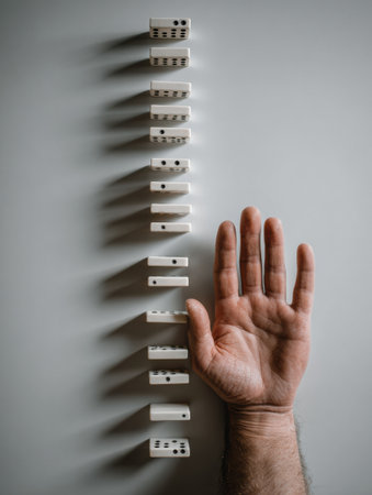 A mans hand halts a line of falling dominoes, illustrating the theme of crisis prevention and problem-solving in a minimalistic way.の素材