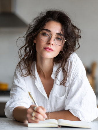 A young woman sits at a minimal desk wearing glasses, focused on writing notes with a pen in a bright kitchen setting.の素材
