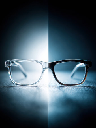 Glasses are positioned with one half illuminated and the other shrouded in shadow, creating a clear contrast in a simple setting.の素材