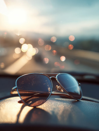 A pair of sunglasses rests on the dashboard of a car, with sunlight creating beautiful bokeh effects during a sunny drive.の素材