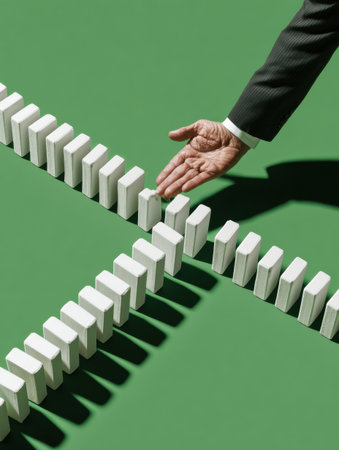 A mans hand halts a chain of falling dominoes, symbolizing effective crisis intervention and problem-solving in a simple, minimalist environment.の素材