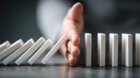 A hand blocks falling dominoes, illustrating the importance of stopping a crisis and finding solutions in a simple, striking composition.の素材