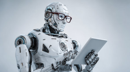 A robot student reads intently on a digital tablet while wearing glasses in a sleek, futuristic study setting that inspires learning.の素材