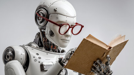 In a modern study environment, a robot student reads a digital tablet while wearing glasses, highlighting its focus on education and technology.の素材