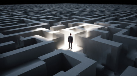 Businessman stands at the entrance of a complex maze, symbolizing challenges in decision making and problem-solving under dramatic lighting.の素材