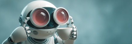 Robot adopts a gentle motion to clean glasses while holding a cup, showcasing a blend of technology and care in a futuristic setting.の素材