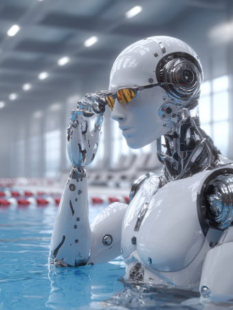 Robot adjusts tinted goggles while standing in a high-tech pool designed for futuristic swimming, preparing for a swim event.の素材