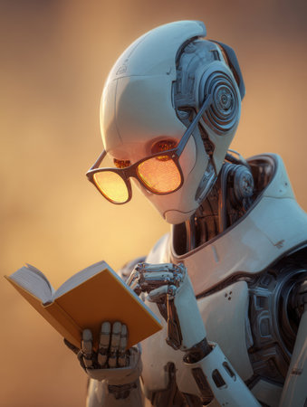 A robot librarian is seen adjusting its glasses while studying a hologram in a cozy library setting, surrounded by warm light.の素材