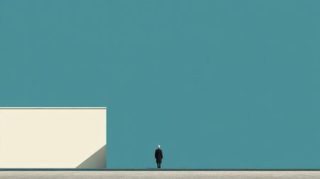 A small human figure stands before a giant, colorful wall, highlighting the feeling of isolation and obstacles in a vast area.の素材