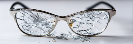 Glasses with shattered lenses rest on a white table, capturing reflections and illustrating the theme of fragility in everyday life.の素材
