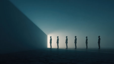 A group stands in line, their shadows reflecting conformity, but one breaks away, showing individuality and confidence.の素材