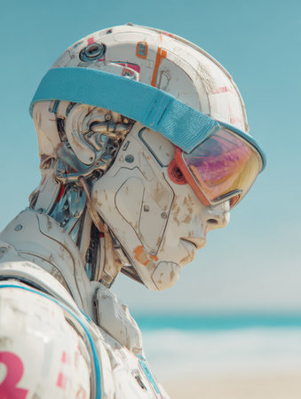 Robot lifeguard stands on a sunny beach, wearing colorful visor glasses, ready to ensure safety for beachgoers enjoying the ocean waves.の素材