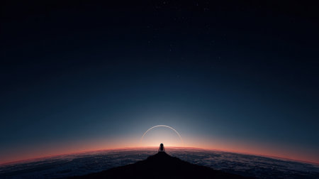 A breathtaking view features a moon horizon with a soft Earth glow and a minimalist lander silhouette amidst a star-filled sky.の素材